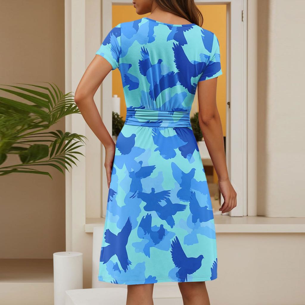 Women's Casual Fashion Round Neck Pleated Short Sleeve Floral Print A-Line Midi Dress
