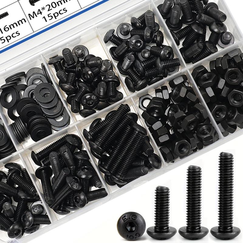 300pcs M4 Black Hex Pan Head Screws and Nuts Set, Black Round Cup High Strength Screws