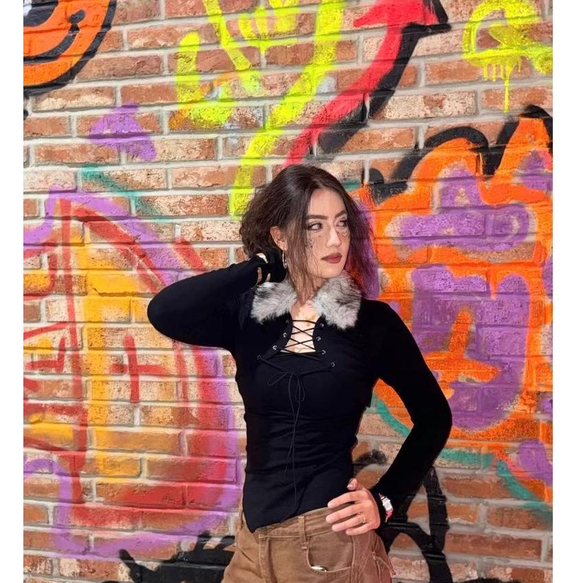 Trendy Hollow Lace-up Fur Patchwork Long Sleeve Women s T-Shirt - 2025 Autumn/Winter M чёрный