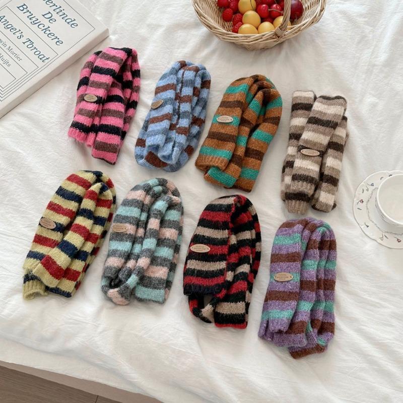 Scarf atmosphere new millennial babes long baguette narrow scarf rainbow stripe knitted scarf women