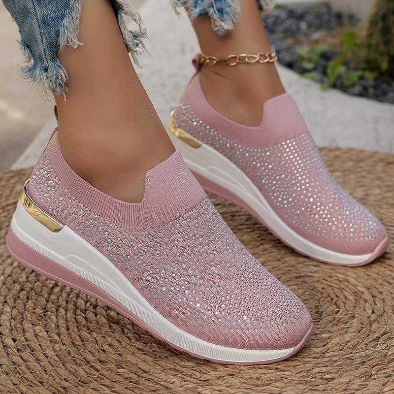 Fashion Hot Pink Shiny Crystal Knitted Sneakers for Women Fashion Wedge Comfortable Sports Shoes Woman Lightweight Slip On Running Shoes