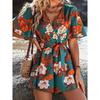 Floral Printed Summer Jumpsuit for Women Leaf Shaped Sleeves Cross Over Neck Tie Waist Short Length Loose Fit Romper Perfect for Beach Resort Travel