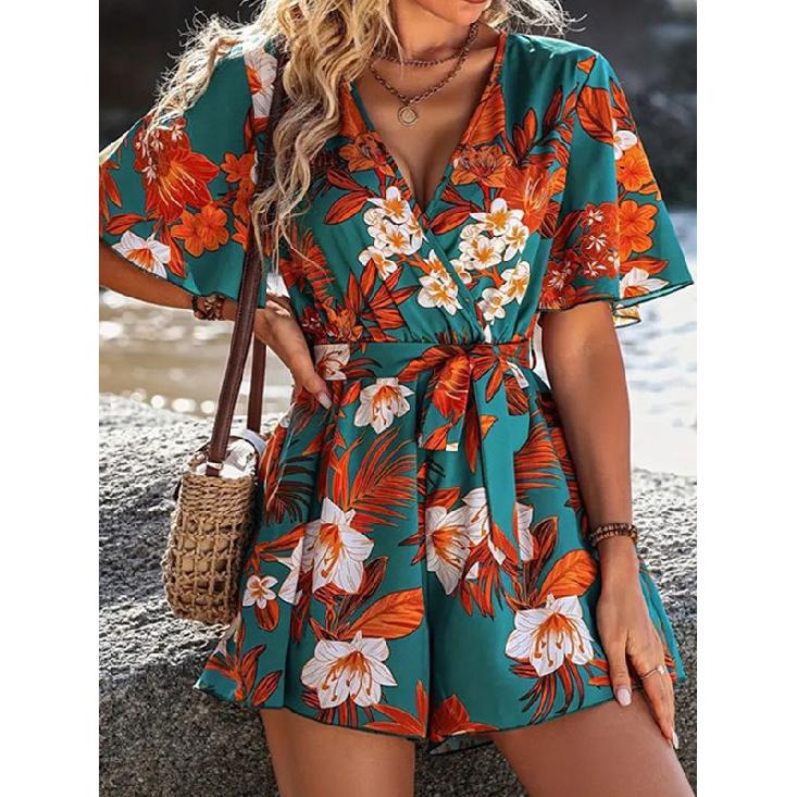 Floral Printed Summer Jumpsuit for Women Leaf Shaped Sleeves Cross Over Neck Tie Waist Short Length Loose Fit Romper Perfect for Beach Resort Travel