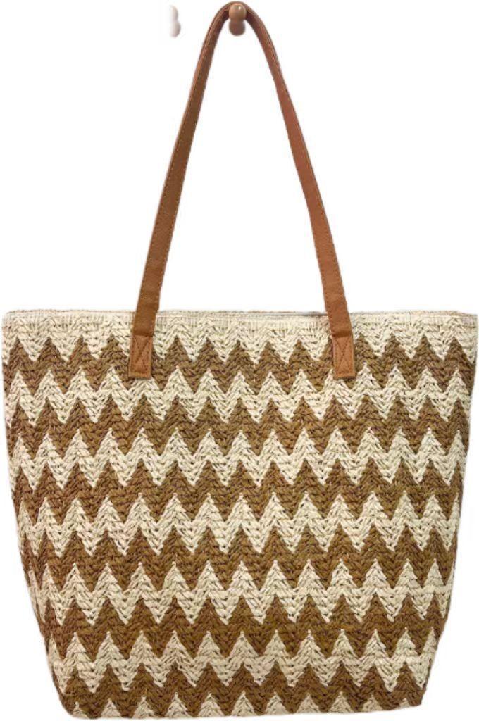 Natural Wavywoven Shoulder Bag With Organizer For Beach And Casual Outings