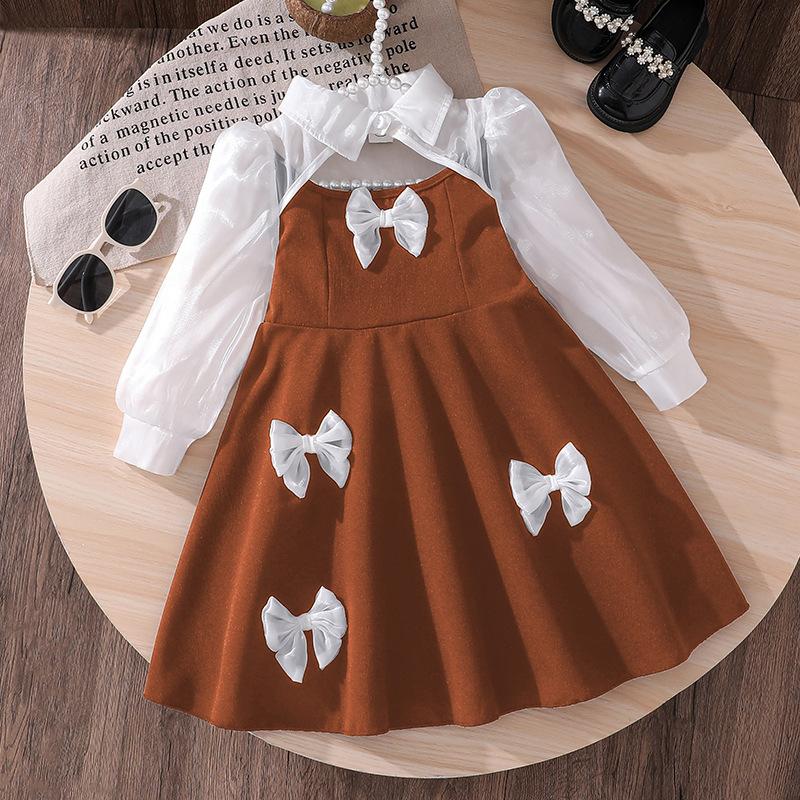 

Sweet Girl s Dress with Summer Children s Princess Style, Patchwork Net Fabric, Bow At The Collar, Long-sleeved Dress 130cm=7Y