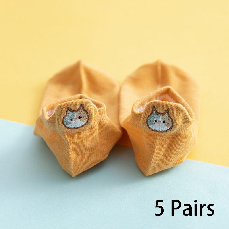 5/10 Pairs Women's Ankle Socks Cartoon Embroidery Cat Funny Short Socks Fashion No-Show Low Cut Soft Casual Female Boat Socks