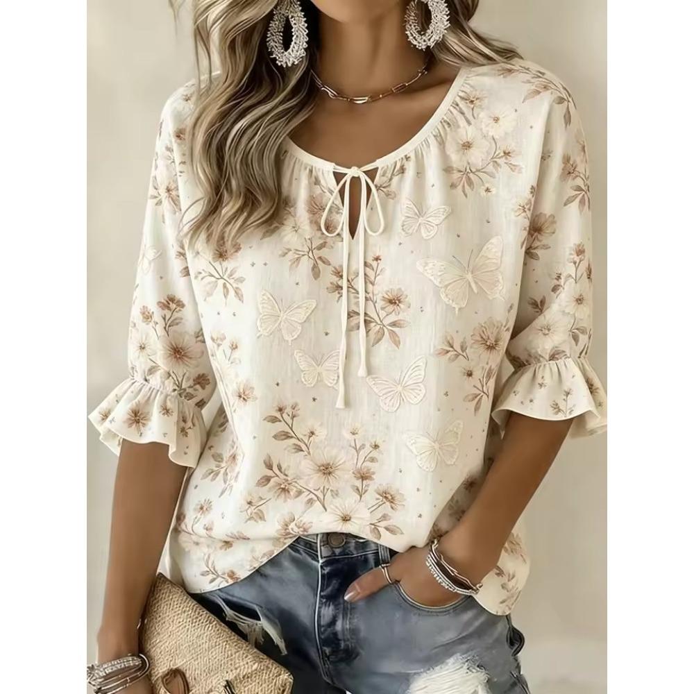 Women's Lavender Floral Print Tie Neck Blouse, Casual Loose Tops for Spring Summer Daily Wear Vacation Occasions