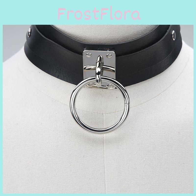 Fashion Solid Color Large Metal Ring Decoration Women Pu Leather Necklace Collar