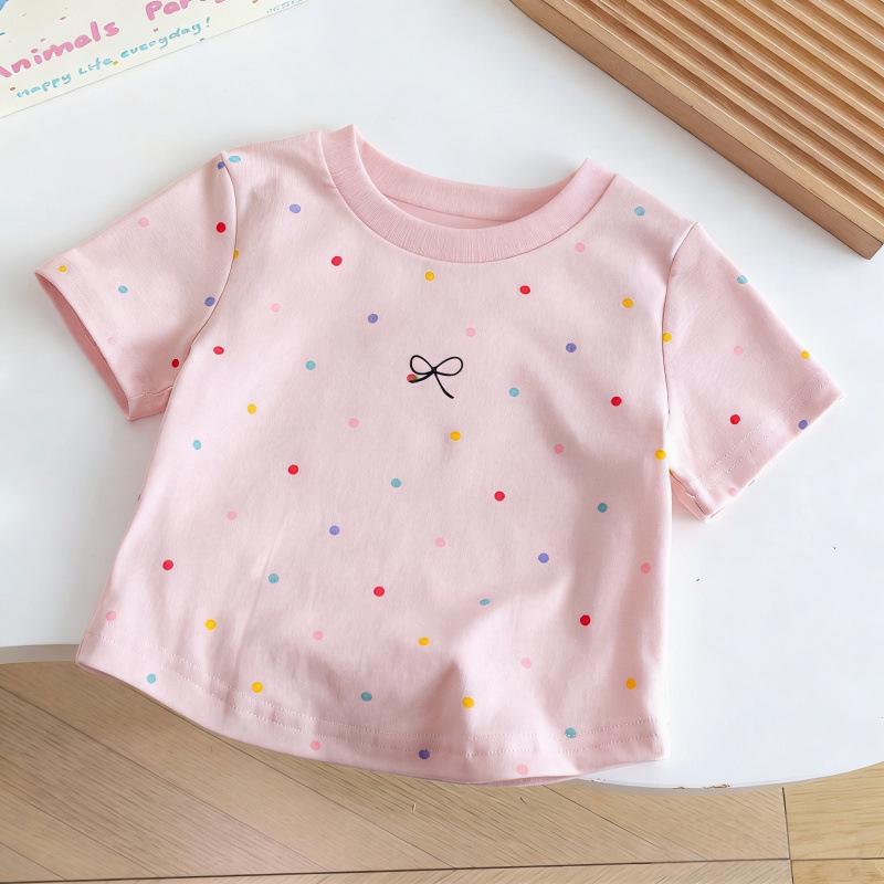 Girls' Polka Dot Cotton T-Shirt, Short-Sleeve, Breathable, for Small & Medium Children, Perfect Summer Wear.
