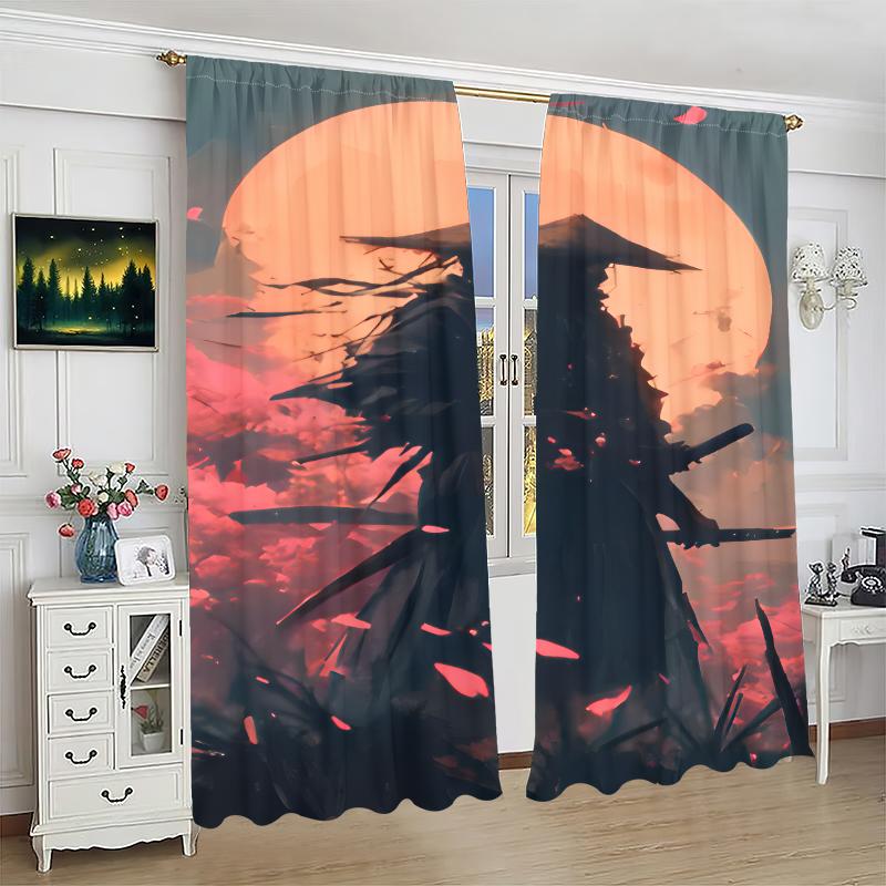 2pcs- Cherry Blossom Samurai Polyester Curtains, Pole Bag Curtains 42*84, Bedroom, Living Room, Home Room Decoration