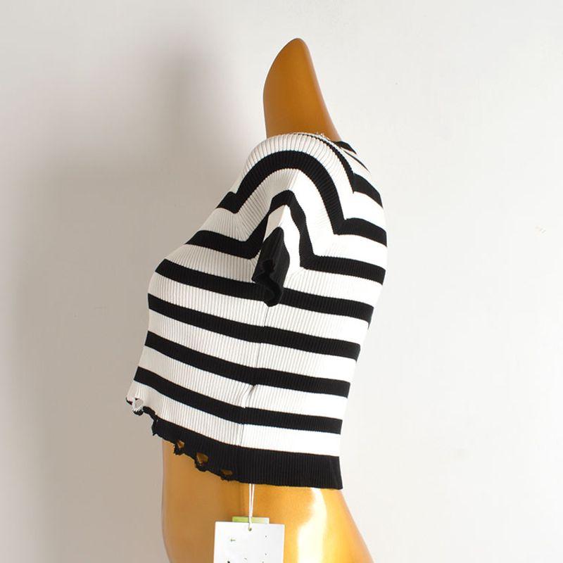 Summer New Arrival Contrast Color Stripes Zipped round Neck Short Sleeve T-shirt Women's Clothing Silm Slimming Sweater Tops Fashion
