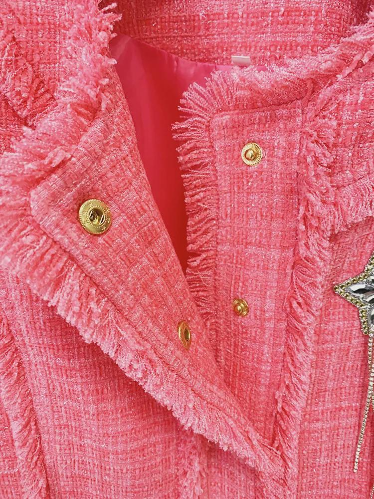 2025 Autumn/Winter European & American Fashion Pink Tweed Wool Jacket with Beaded Badge