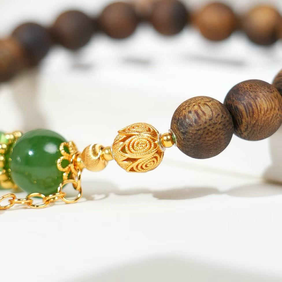 Agarwood Emerald & Hetian Jade Sterling Silver Beaded Bracelet - New Chinese Style