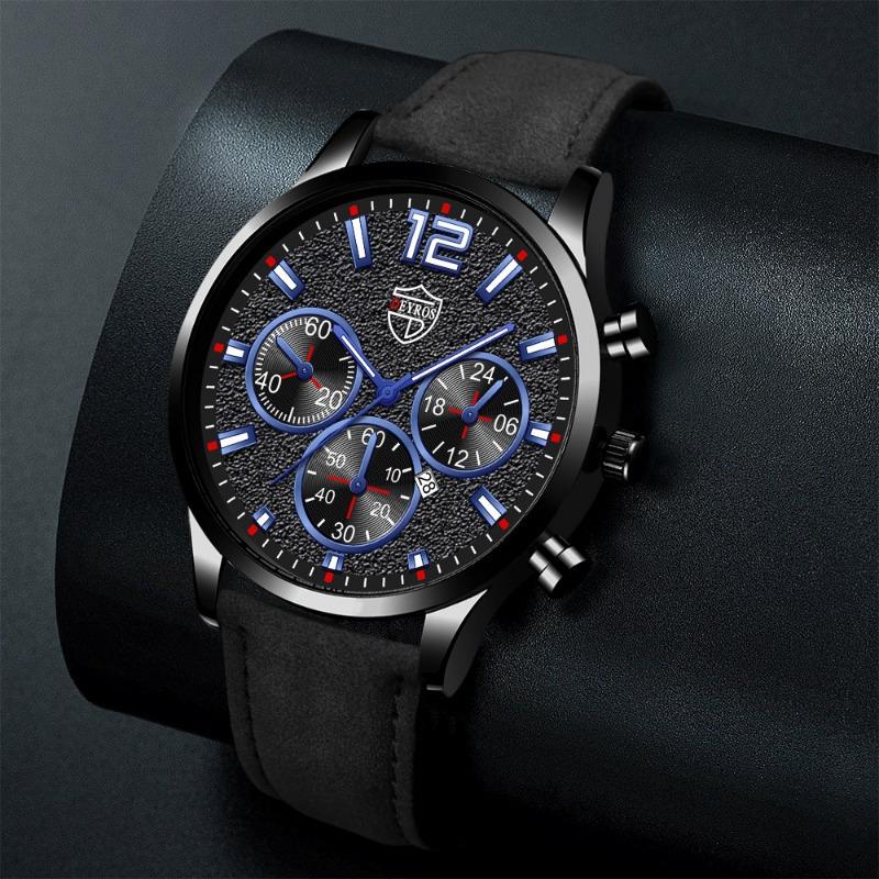2PCS Set DEYROS Fashion Men's Watch Luxury Men's Leather Strap Calendar Watch Casual Men's Leather Quartz Watch Men's Gifts