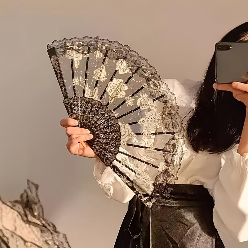 3/1pcs Vintage Lace Folding Fan Good Photography Prop Mesh Floral Rose Embroidery for Wedding Halloween Masked Ball Party Gift