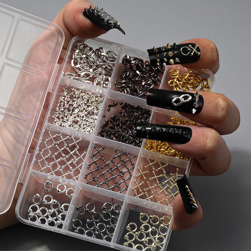 12 Grids Alloy Nail Charms Punk Y2K Metal Parts Manicure Rivet Chain Nail Tip Decoration Retro Circle Nails Supply DIY Crafts