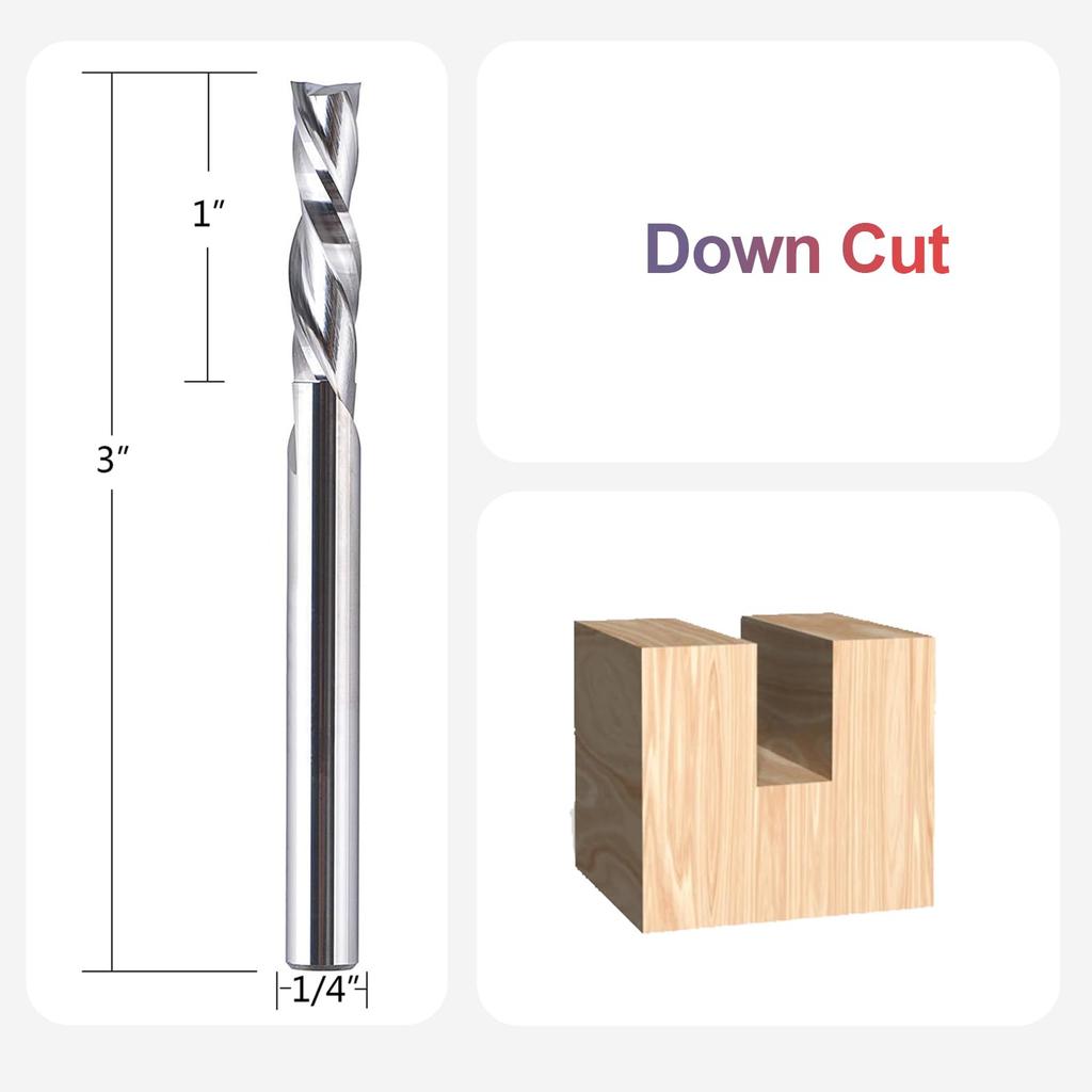 SpeTool Spiral Router Bits with Downcut 1/4 Inch Cutting Diameter, 1 Inch Cutting Length 3 Inch Extra Long HRC55 Solid Carbide CNC End Mill for Wood