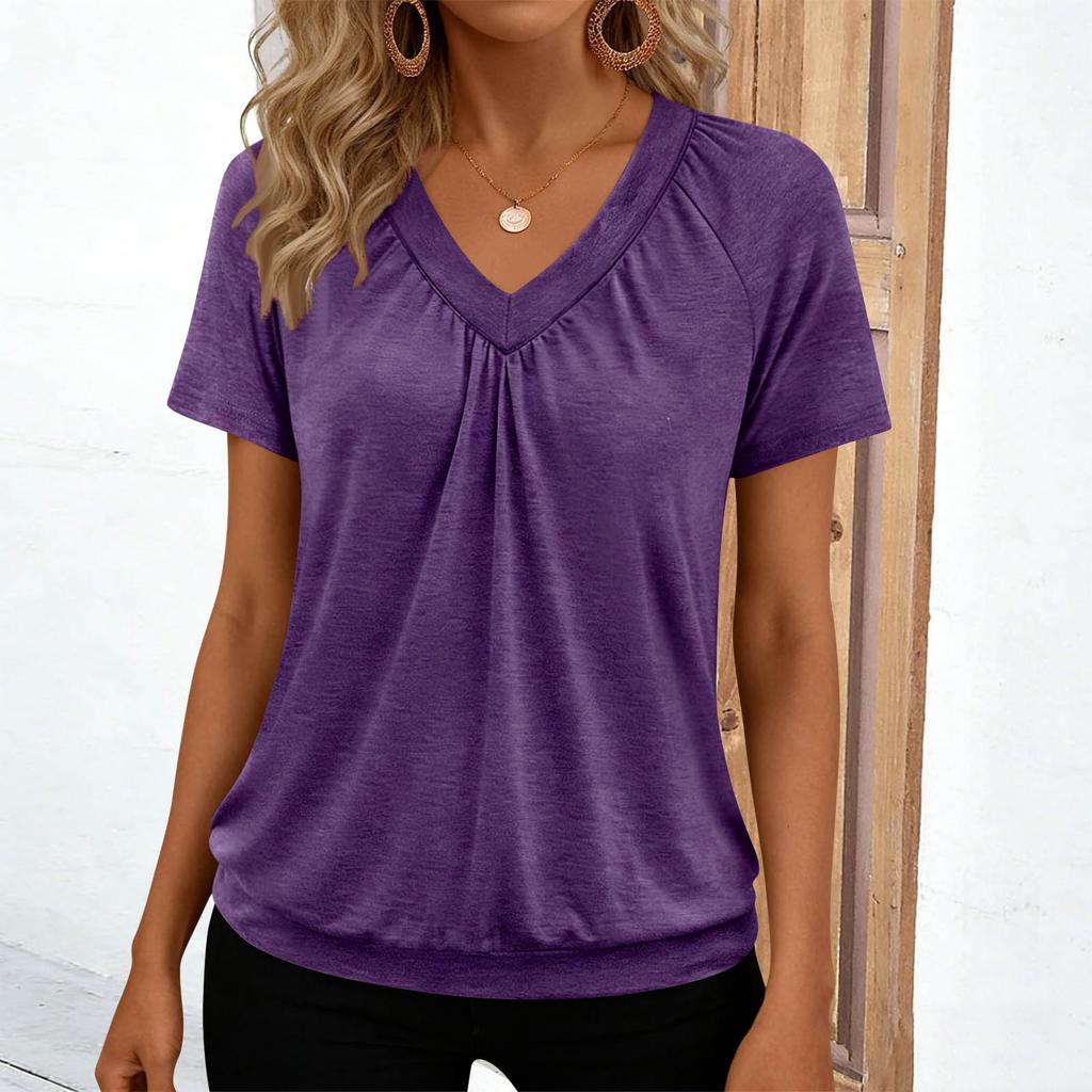 Women's Casual -Color V-Neck Loose-Fit Short-Sleeve Pullover