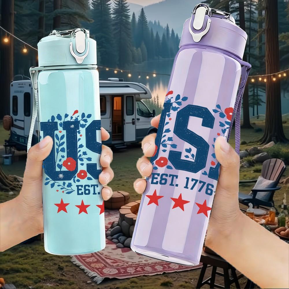 1PC USA Vintage Star Letter Logo 750ml Color Plastic Sports Water Bottle Leakproof Flip Straw Lid Suitable for Sports Office Home Use