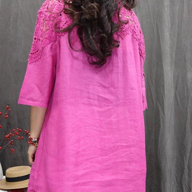 Cotton Linen Women Shirt Retro Hollow Lace Loose Casual Fashion Mid Sleeve Top