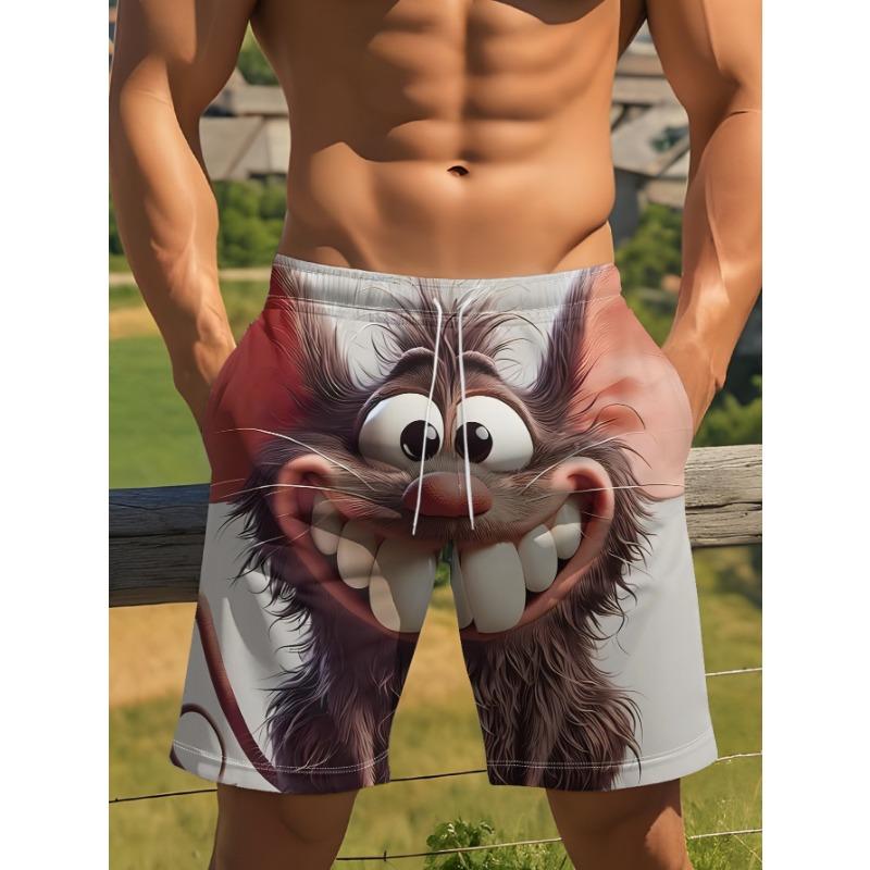 Men's casual shorts, summer thin cartoon mouse print sports pants, loose breathable polyester fiber beach pants, youth trendy large size pants