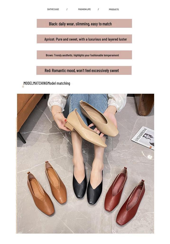 2026 Cowhide Soft Sole Women's Flats: Comfortable, Breathable, Low Heel Square Toe, Shallow Cut, No-Rub Design