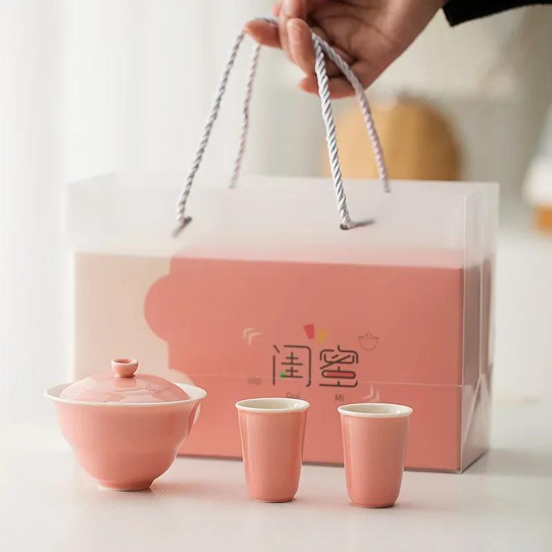 

Simple ceramic Kung Fu tea set,one pot,two cups,pink two-color bowl,Goddess Festival souvenir,matcha tool,tea set,kitchen,dining Three-piece Set