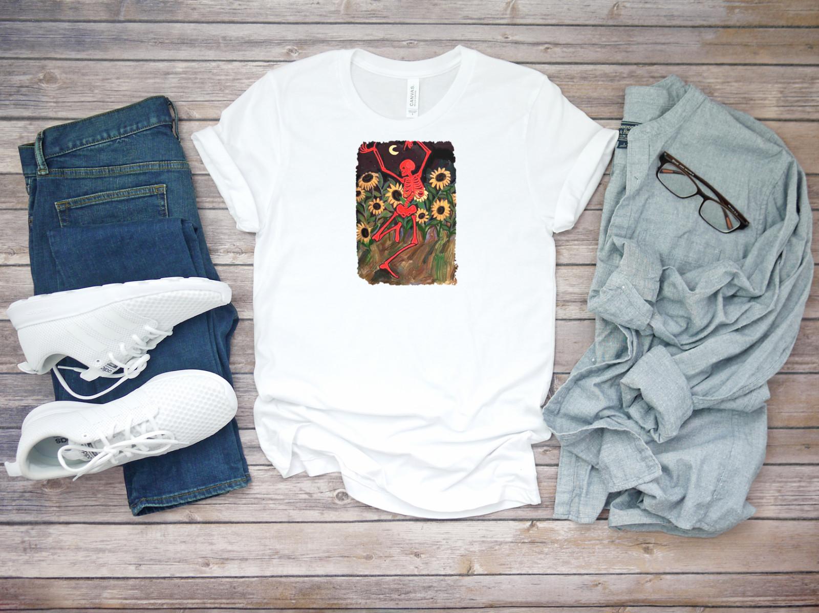 Happy Dancing Skeleton Theme Sunflower Short Sleeve White Men T-shirt K557 M