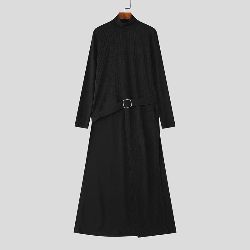 

INCERUN Мужские осенние топы с высоким воротником, длинными рукавами и разрезами, длинные туники-футболки M чёрный