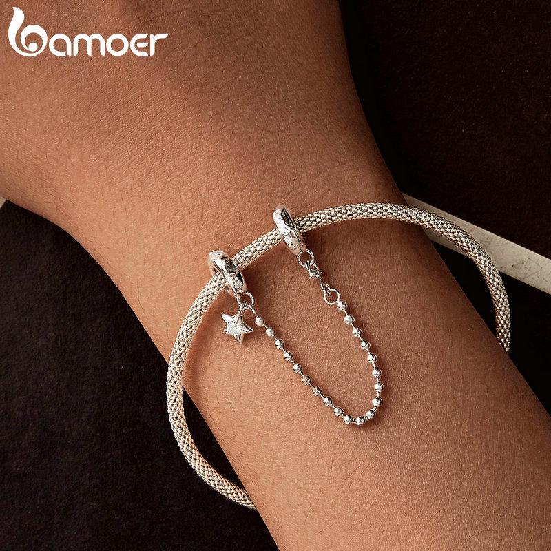 BAMOER 925 Sterling Silver Star and Moon Safety Chain Fit Bracelet for Women Gift Jewelry