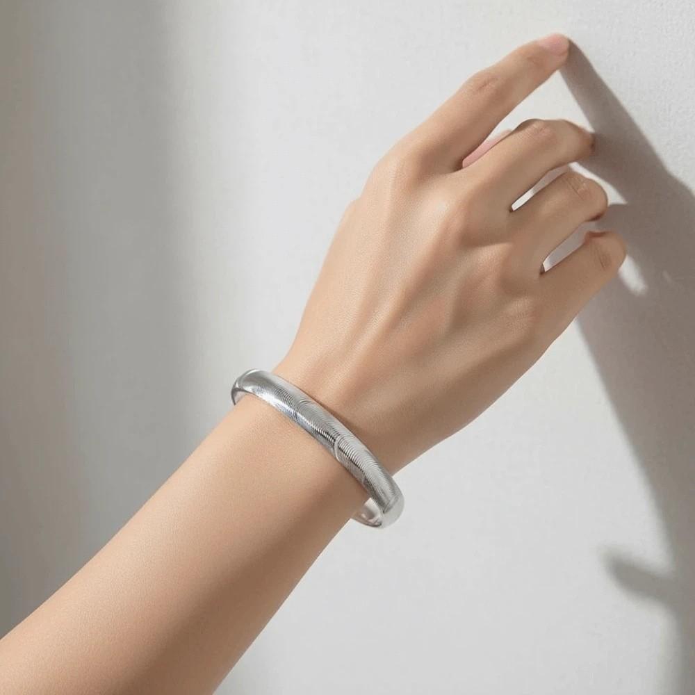 Waterproof Opening Brushed Bangle with Ripple Pattern Silver Wrist Circle Cat's Eye Bracelet Women