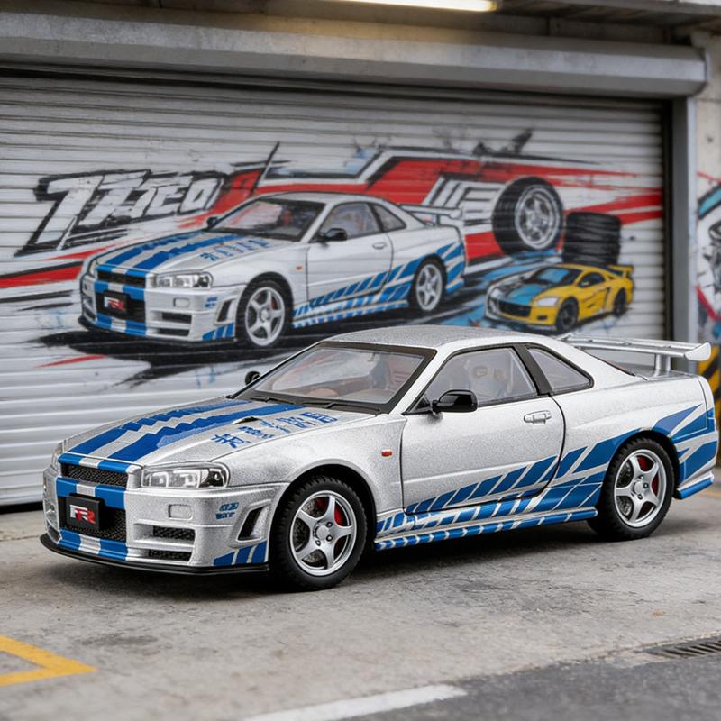 1/24 Skyline GTR R34 Static Diecast Car Sound Light Pull Back Detailed Rubber Tires Desktop Hobby Collectible Boys Gift