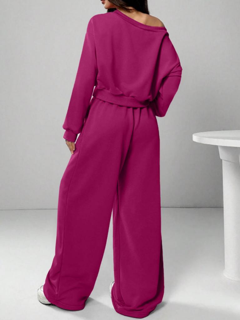 Women's Casual Solid Color Off-Shoulder Knit Sweatshirt Set