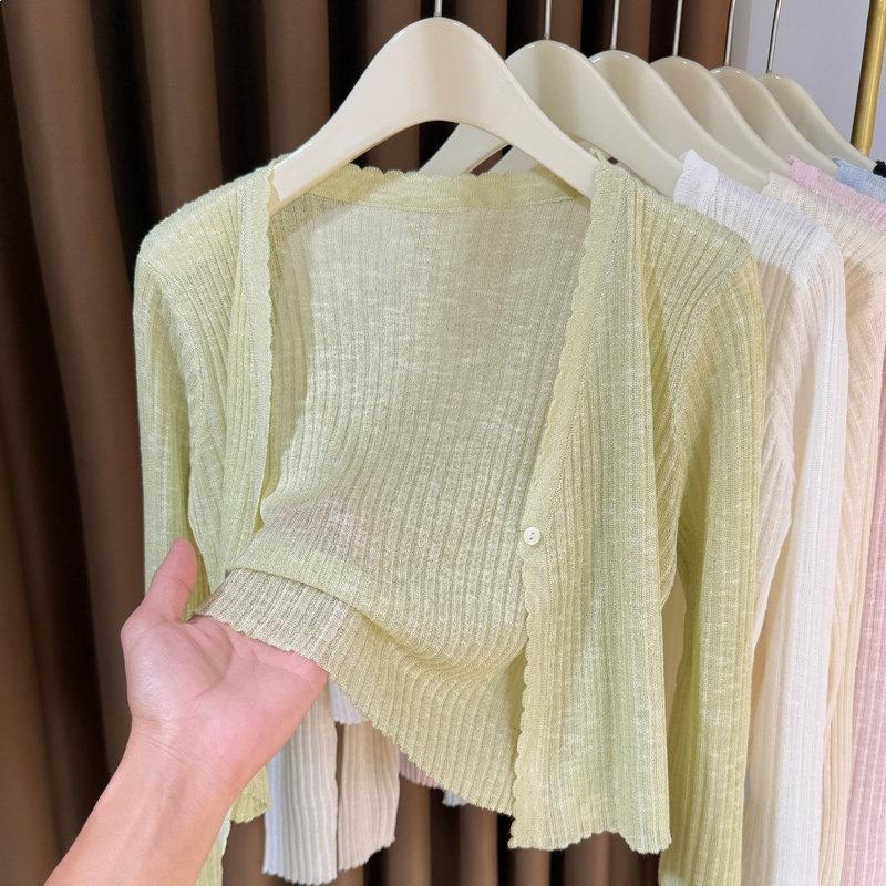 Light and thin knitted sunscreen cardigan for women with suspender skirt in summer, ice silk short small shawl slightly transparent blouse for women