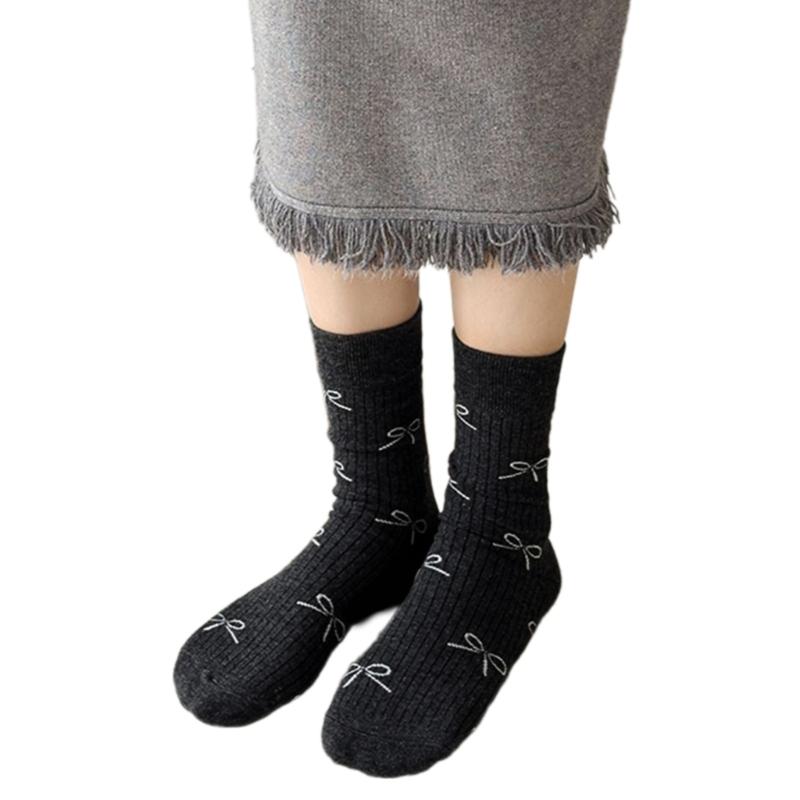Sweet Girls Elegant Bowknot Pattern Cotton Crew Socks for Women Breathable Casual Fashion Student Middle Calf Socks