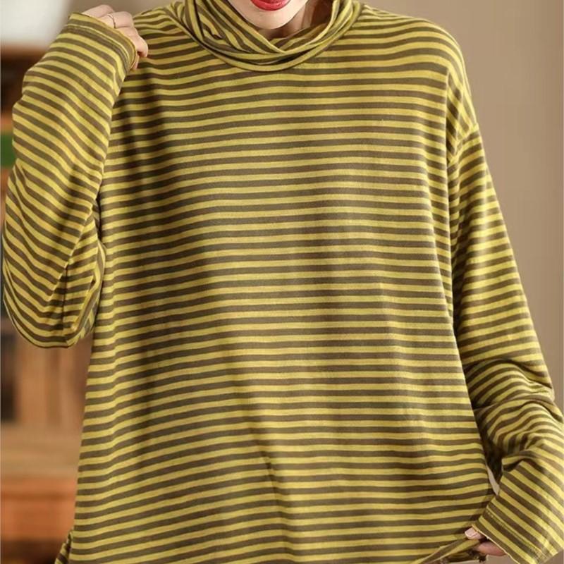 Johnature Mote Casual Vintage Stil Løs Stripe Rullekrave T-skjorte Dame Vinter Langermet Spleiset T-skjorte