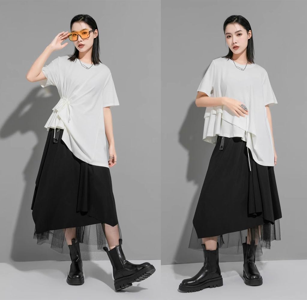 Morino Asymmetrical Short Draped Loose Women's T-Shirt, Sleeve, Hem, Slimming, Fit, Unique, Fashionable, Spring/Summer (L, White)