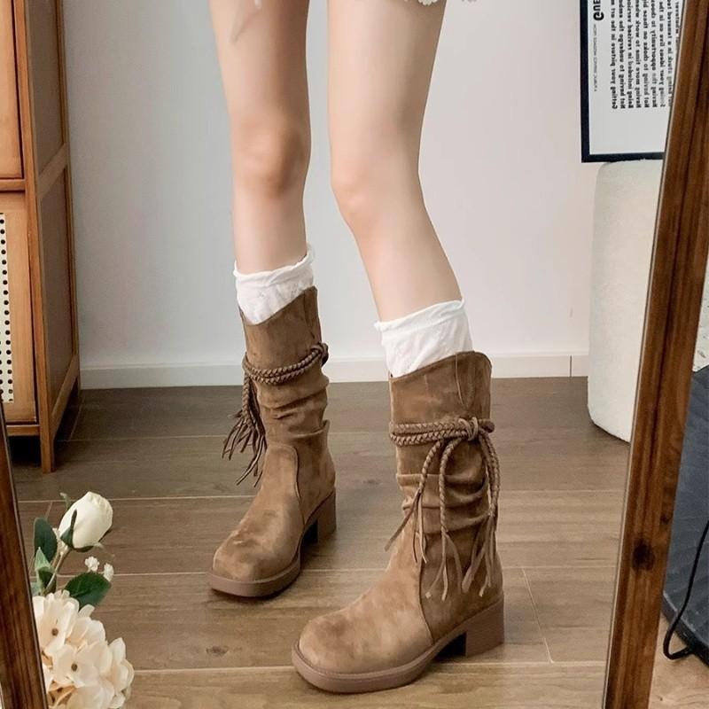 Thick-soled thick-heeled retro wasteland knight boots women's autumn, autumn and winter western cowboy long tube single boot medium tube short boots