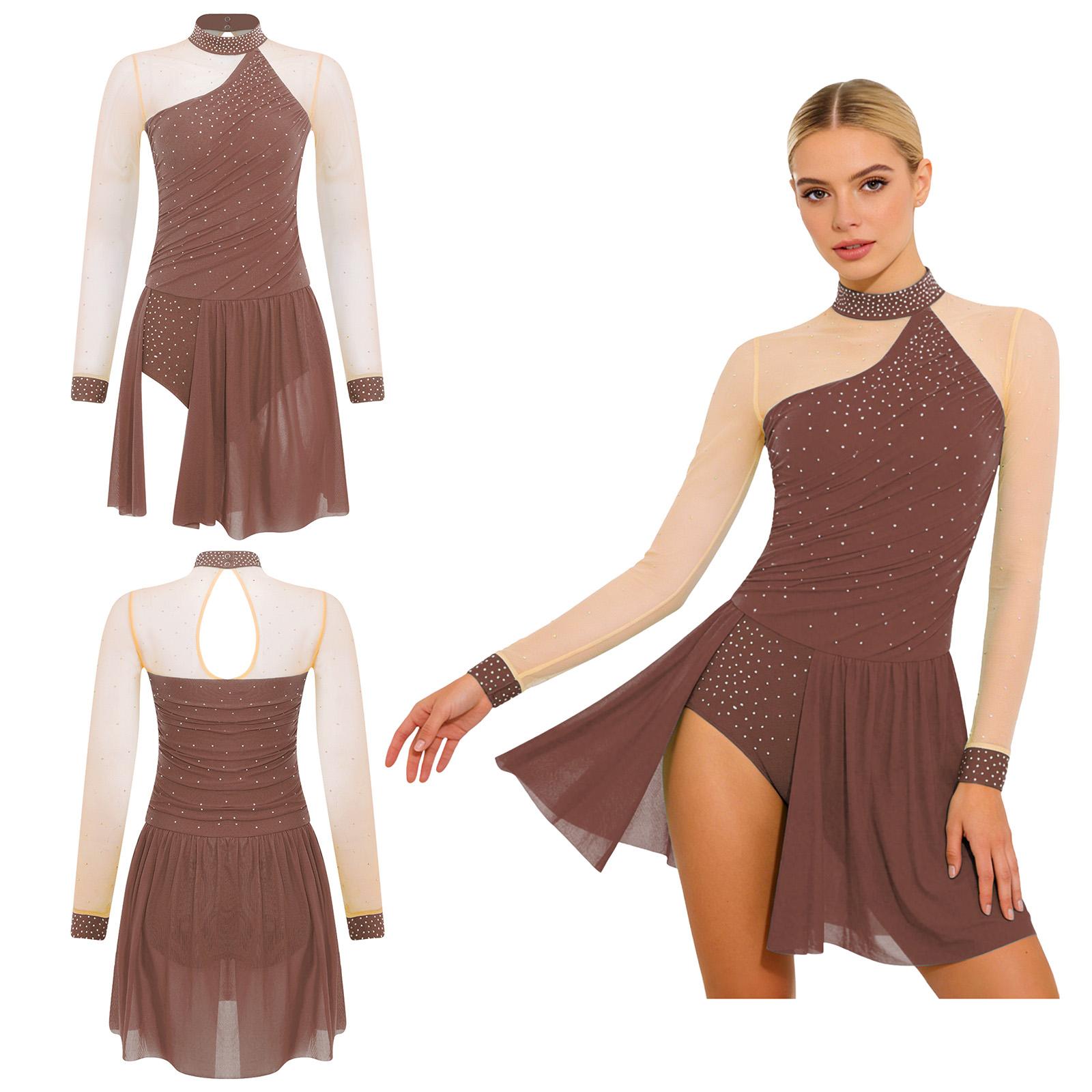 Women Lyrical Dance Dress Long Sleeve Shiny Rhinestone Sheer Mesh Figure Skating Ballet Gymnastics Acrobatics Leotard Dresses S