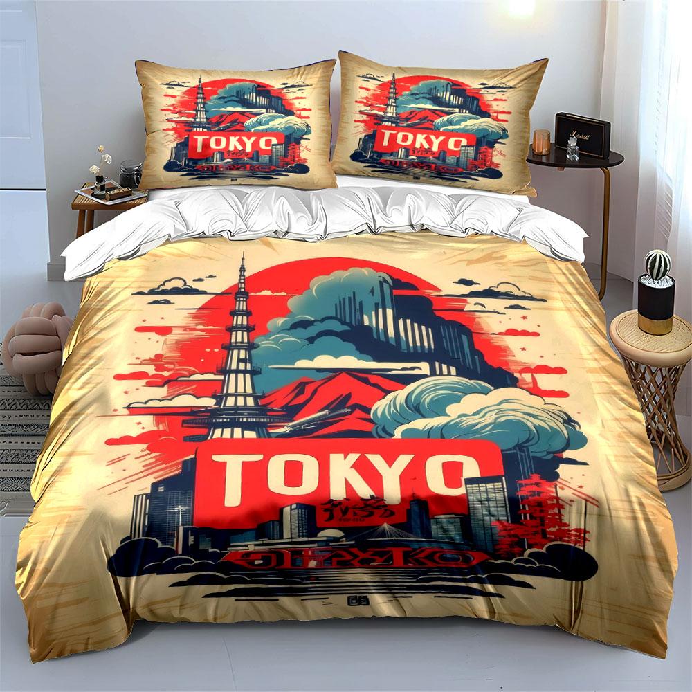 Tokyo Skyline Art Decoration Set Bedding Set with 1 Duvet Cover 2 Pillowcases Single Double King Queen, Gift