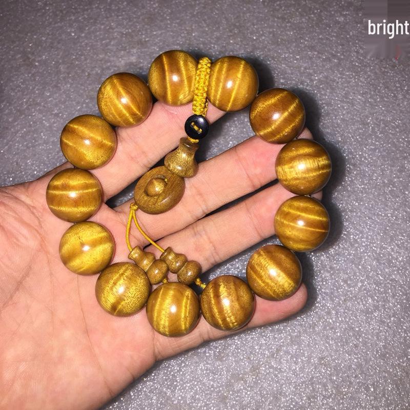 Golden Silk Phoebe Wood Bracelet 1.8: Unisex Water Ripple Design with Withered Wood, Wenwan Ornaments, Buddhist Beads.