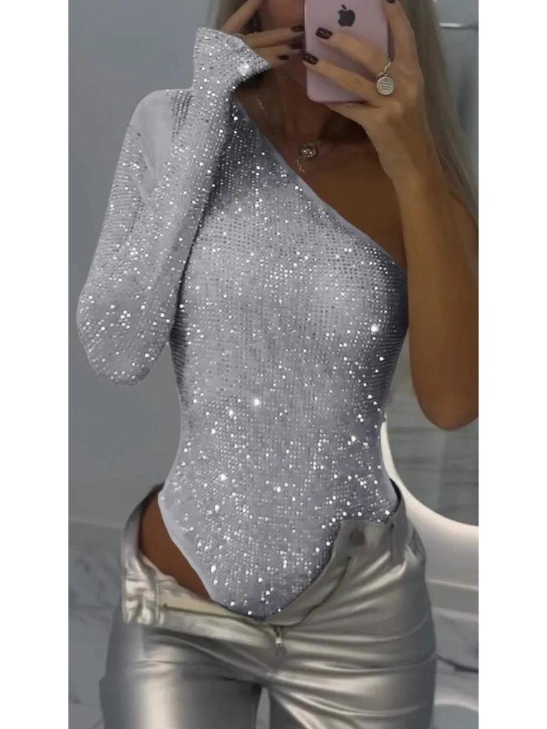 2025 Spring/Summer Sexy One-Shoulder Rhinestone Sequin Top