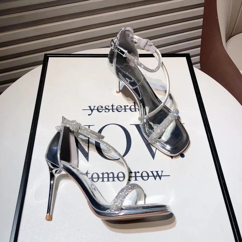 Fashion Elegant Woman Heeled Shoes 2025 New Open Toe Women's Sandals Fashion Crystal Office and Career Summer Buckle Strap Heeled Sandal