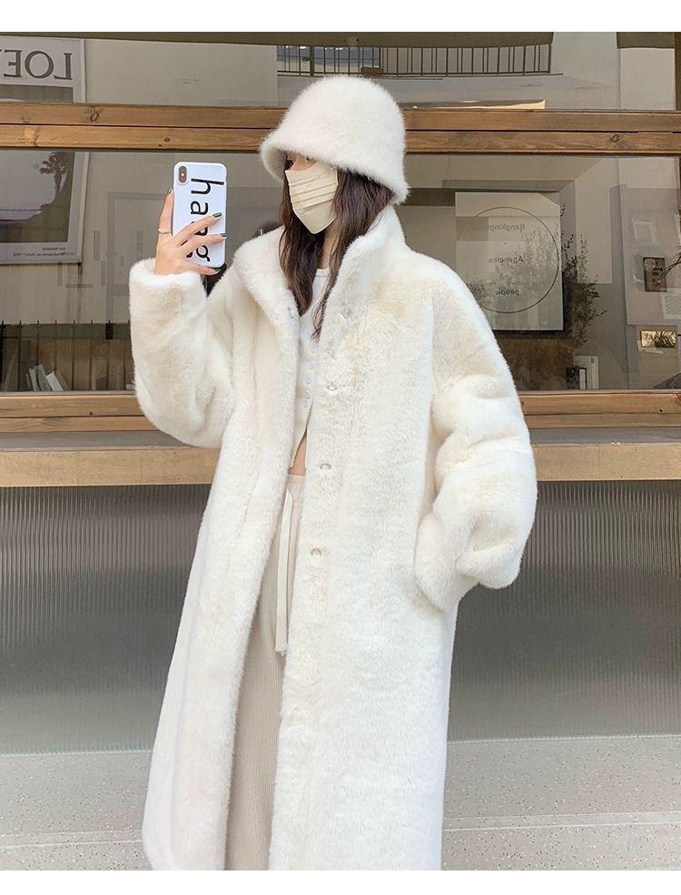 2025 A/W Women's Eco-Leather Overcoat: Thick Long Stand-Collar Mink Fur Cashmere One-Piece