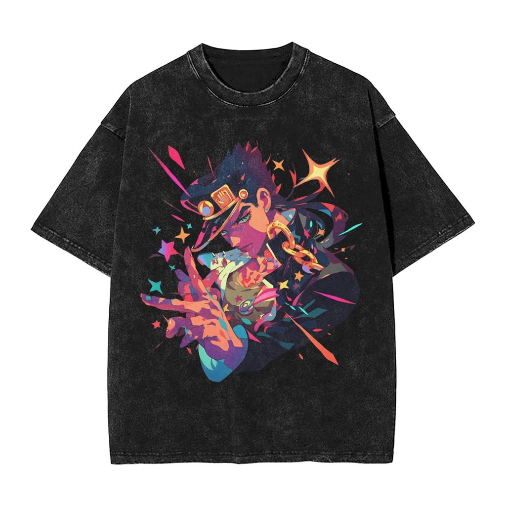 Anime JoJo's Bizarre Adventure Kuujou Joutarou Print T Shirt Men High Quality Cotton Tshirts Vintage Washed Tee Harajuku T-shirt