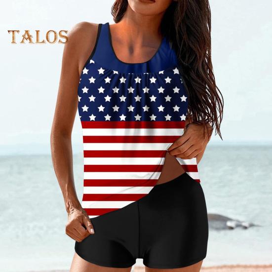 2 Teile/satz Frauen Tankini Set Amerikanischen Unabhängigkeit Tag Druck Weste Einfarbig Schwimmen Shorts Set Bademode