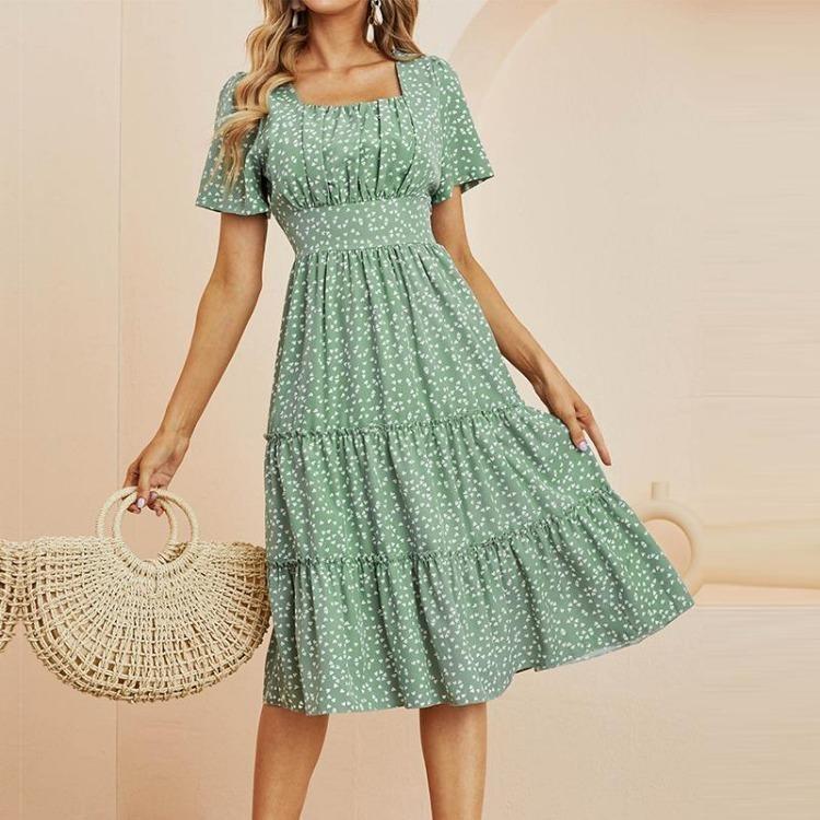 Summer Women Casual Dress Chiffon Medium Long A-Line Short Sleeve Square Collar Ruffles Dot Print Pattern Red Black Blue Green
