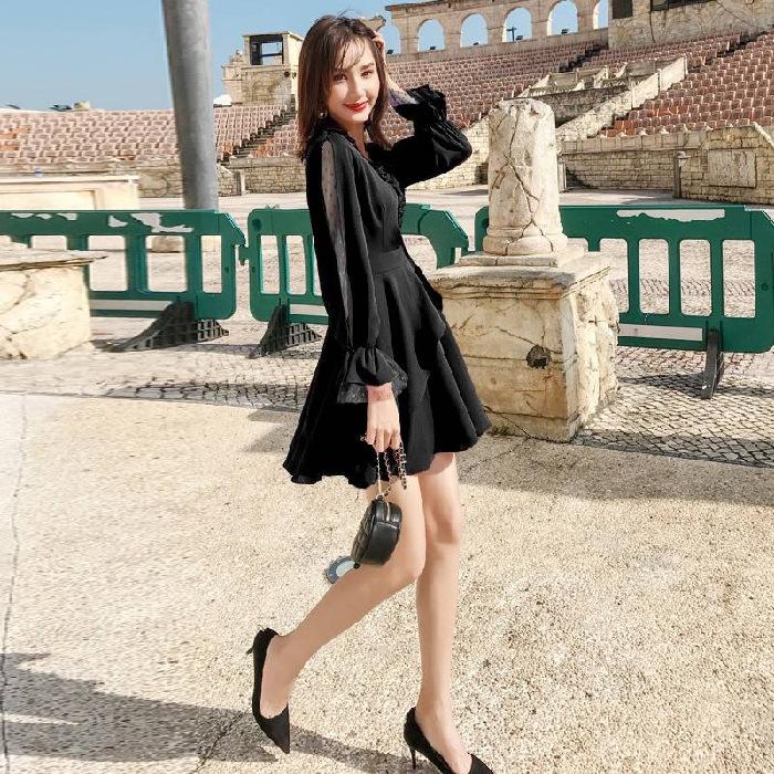 Spring new mesh stitching very fairy dress for small women, waist and thin Korean version temperament skirt S чёрный