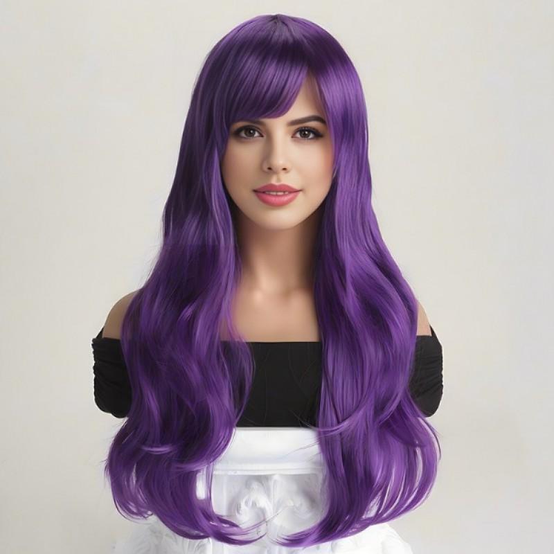 Womens Long Wavy Synthetic Wig With Adjustable Bangs Full Cap Heat-Resistant Hairpiece Daily Wear