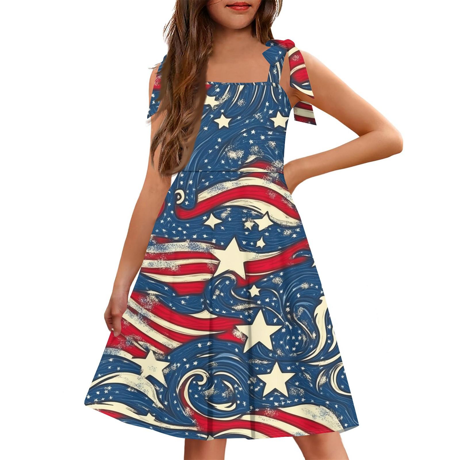 Girls Sleeveless Dress with Pockets Square Neck Casual Fit and Flare Dress Independence Day Print Summer Dress for Kids 150